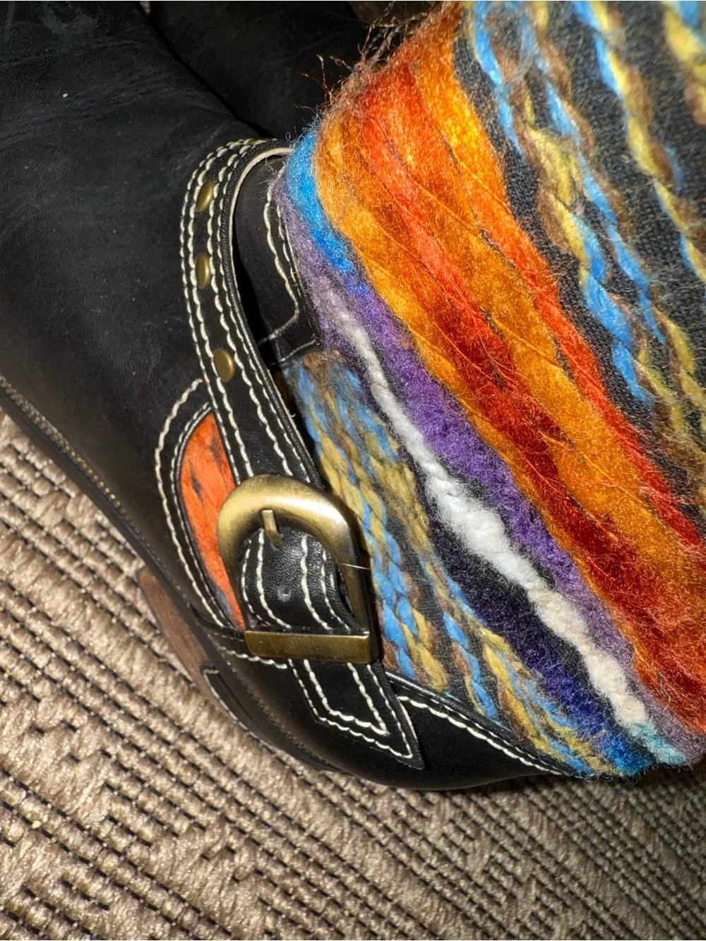 Black Gaetana Ankle Boots. Multicolored Knit Shaft. Boho, western, retro